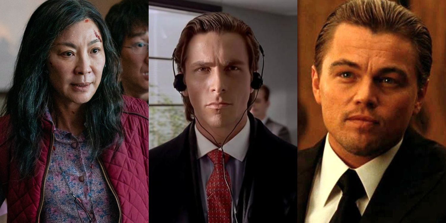 A split image of Everything Everywhere All At Once American Psycho and Inception