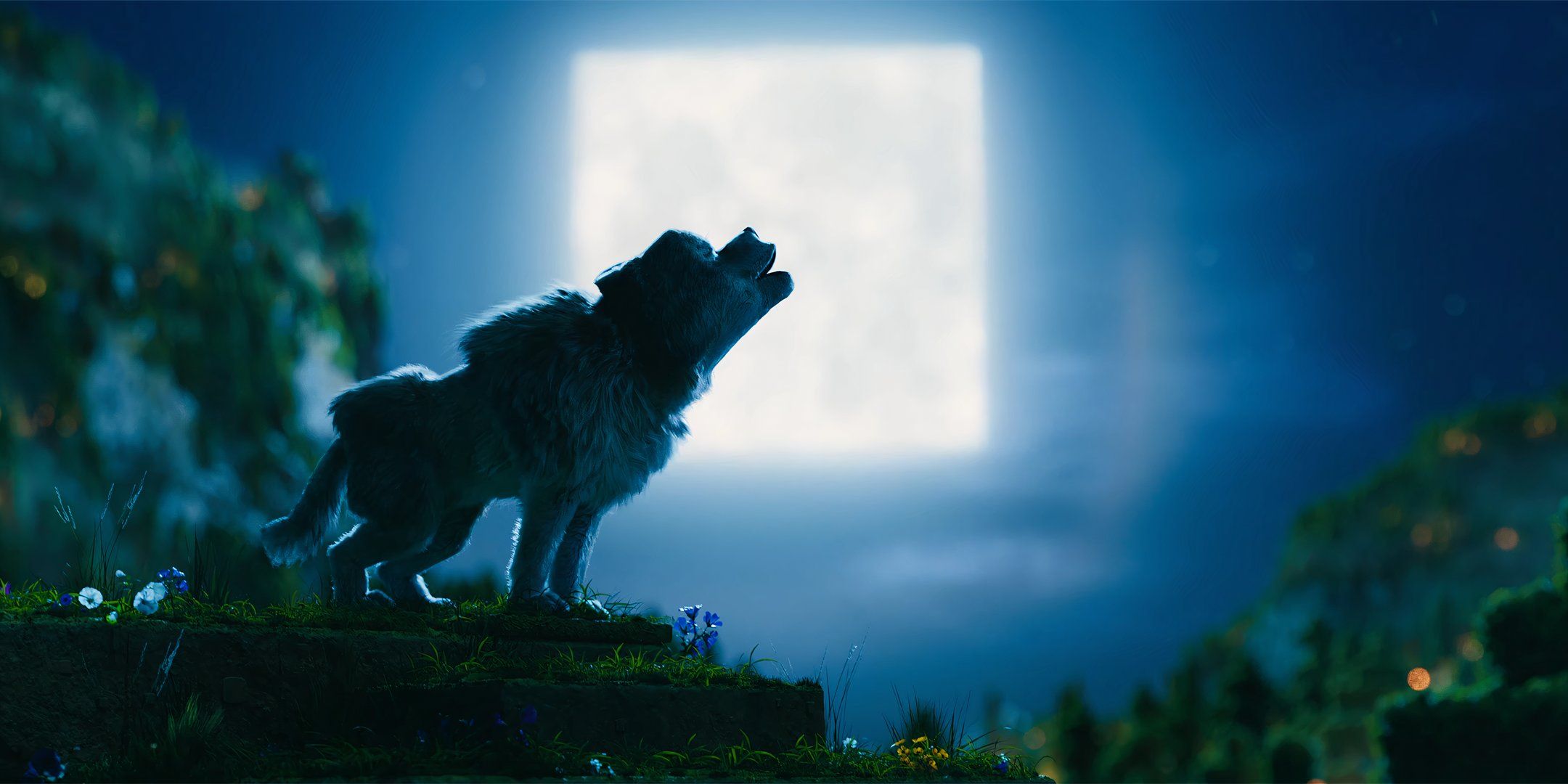 Um lobo uivando contra a lua em um filme do Minecraft