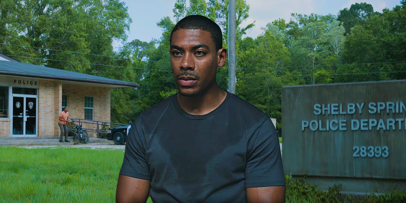 Aaron Pierre as Terry Richmond next to a police station in Rebel Ridge custom image