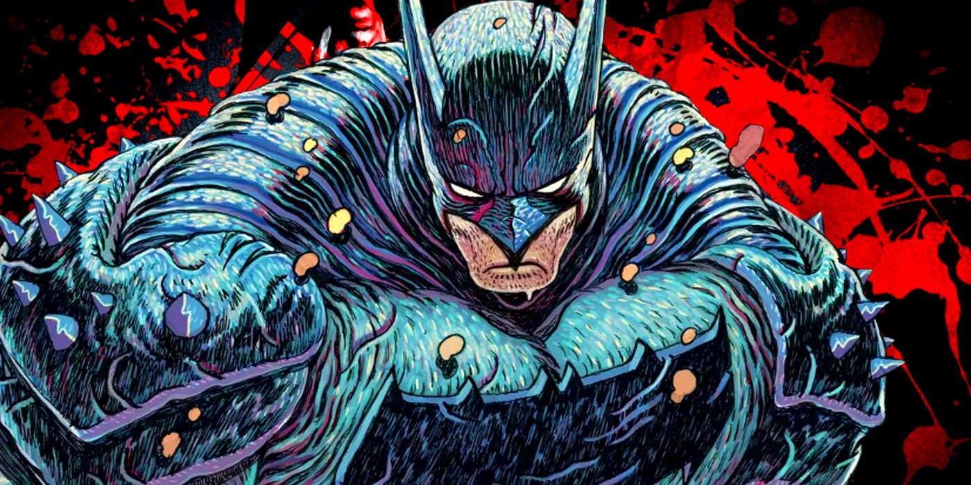 Arte de quadrinhos: Batman absoluto em um cenário de respingos de sangue.