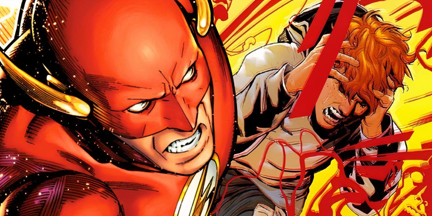 Flash corre con Wally West del Universo Universal al fondo mientras se agarra la cabeza con rabia.