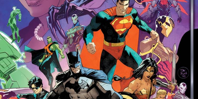 Comic book art: the Justice League gathers for a battle.