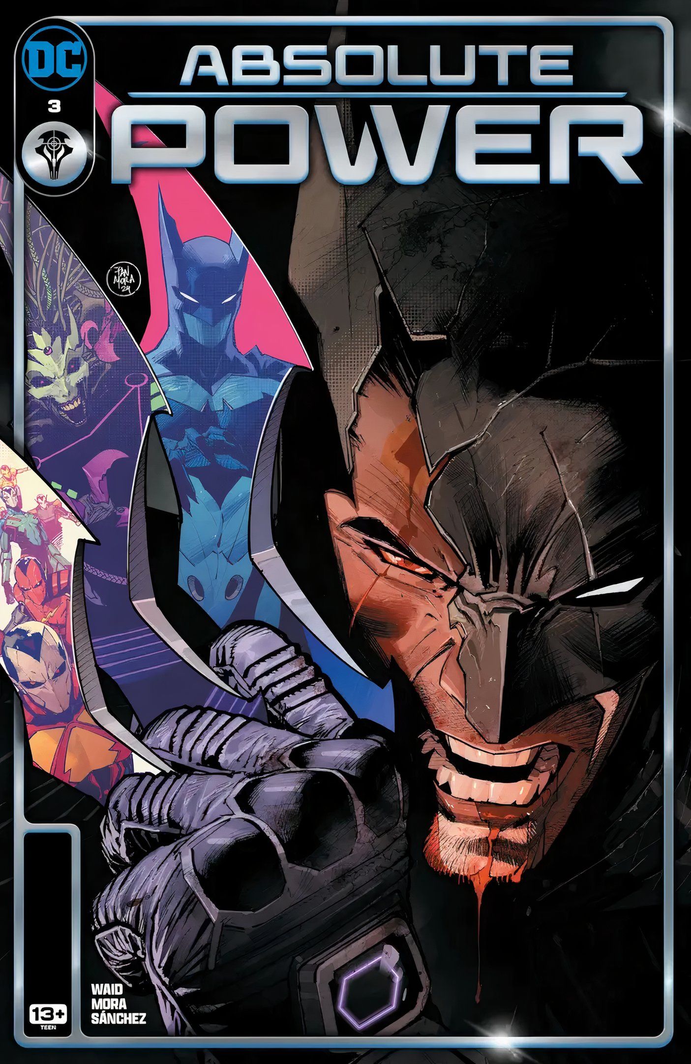 Capa principal de Absolute Power 3: Batman com um capuz rachado segura batarangs, que refletem os Amazos, Brainiac Queen e Failsafe.