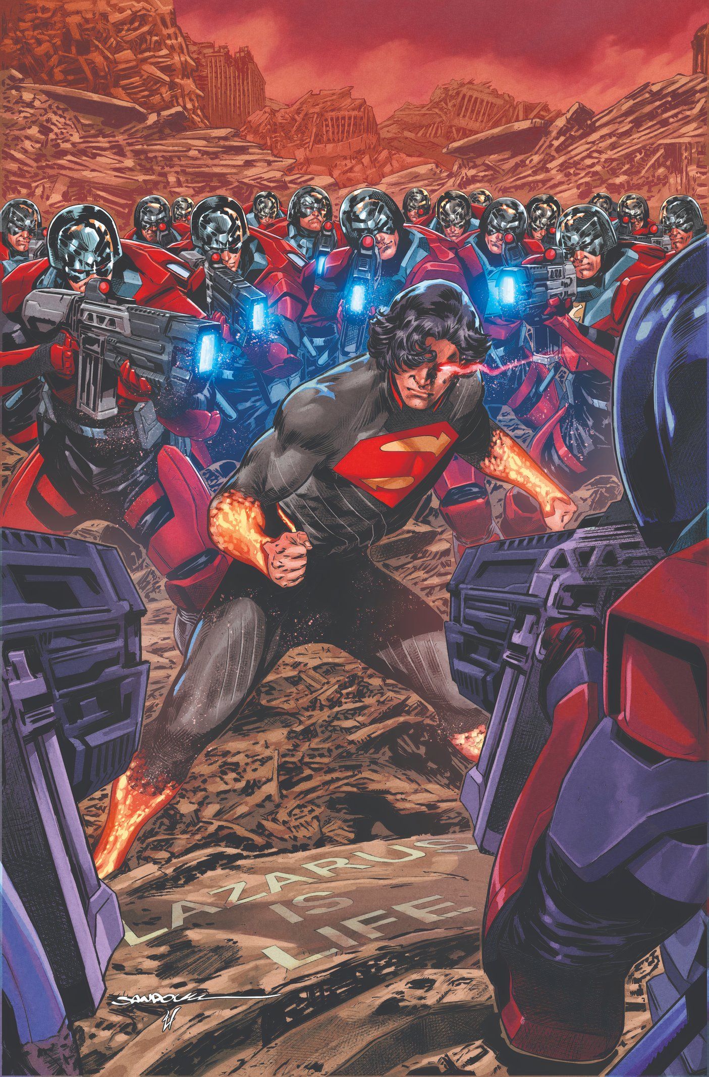 Capa de quadrinhos: Absolute Superman está cercado por um exército Peacemaker.