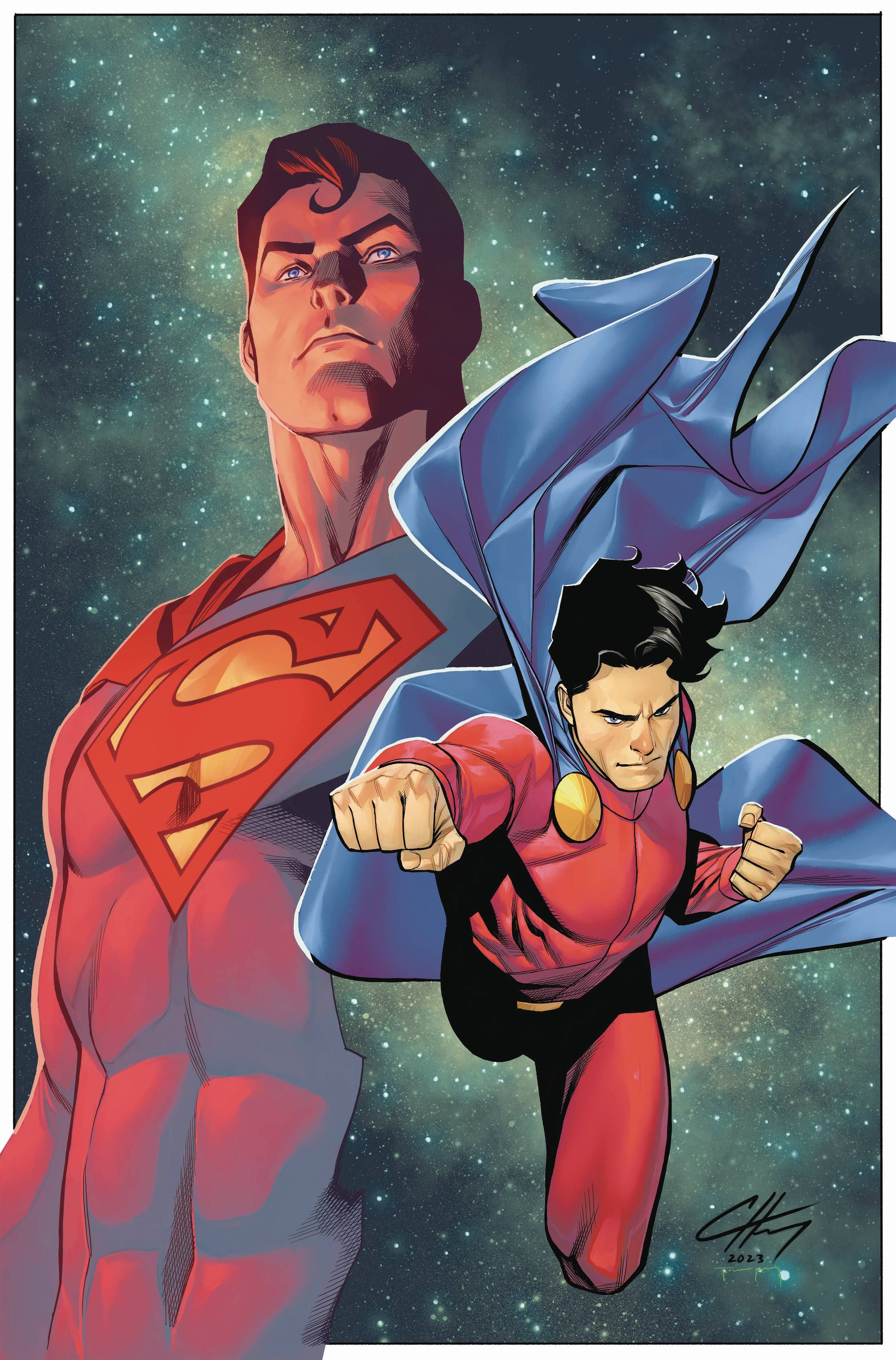 Comic book cover: Mon-El flies in front of a faded image of Superman in space.