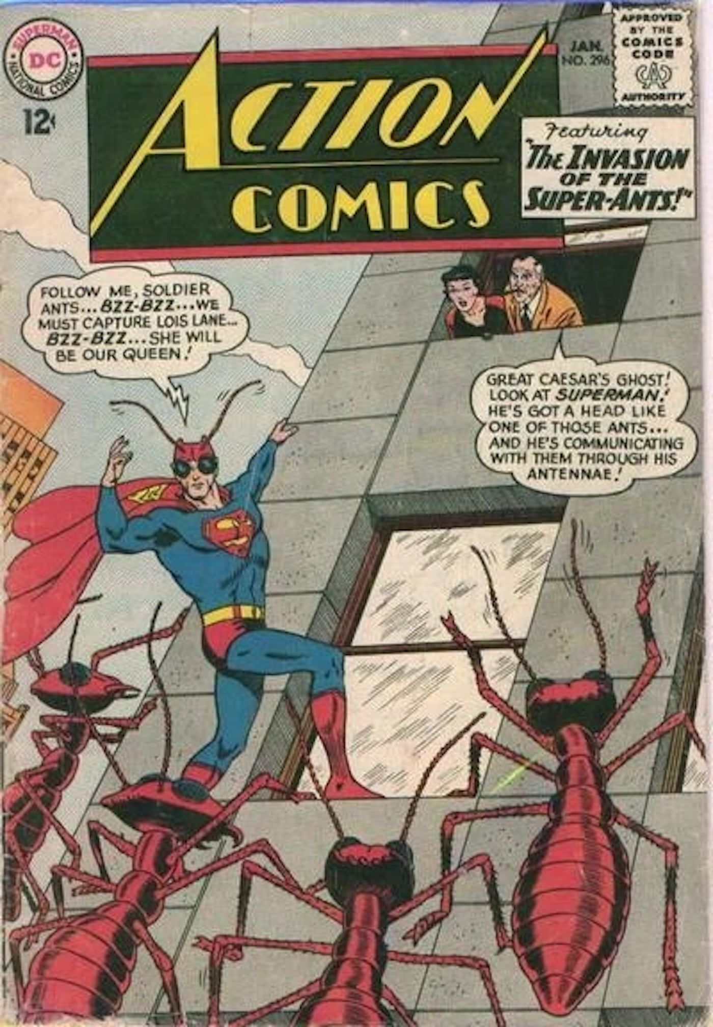 Capa principal da revista Action Comics 296: Superman controla formigas gigantes.