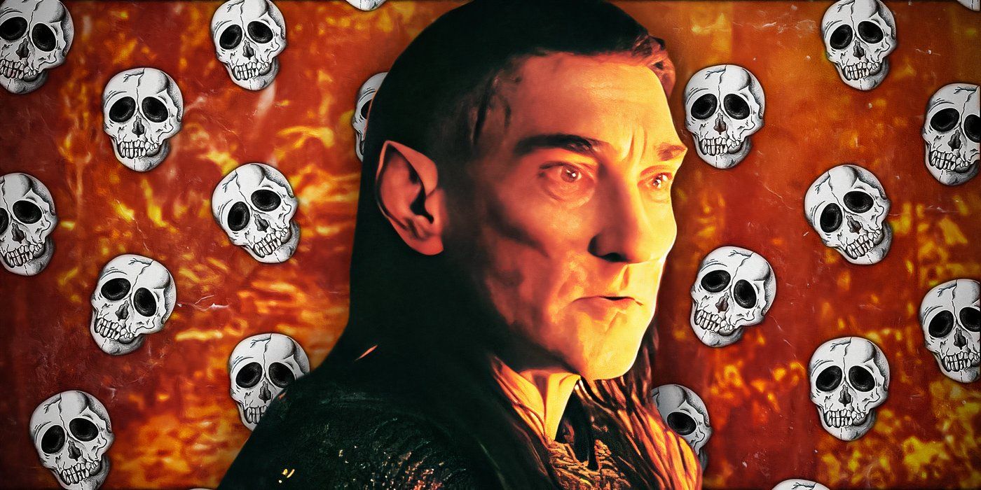 Joseph Mawle as Adar from The Rings of Power season 1 (2022) above a background of skulls and flames