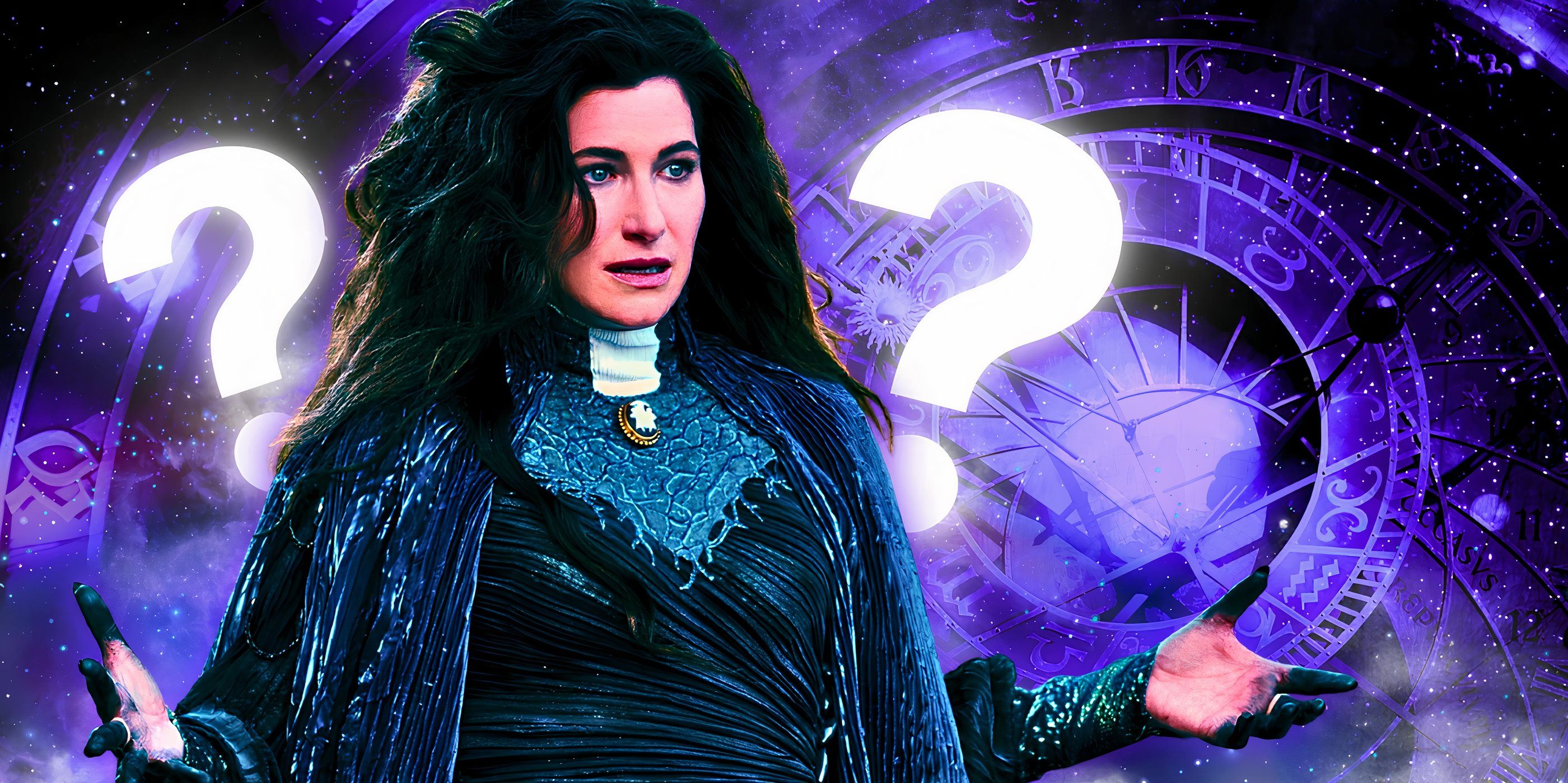 Kathryn Hahn's Agatha Harkness with her hands up in WandaVision (2021), question marks behind her in regards to Agatha All Along's (2024) timeline