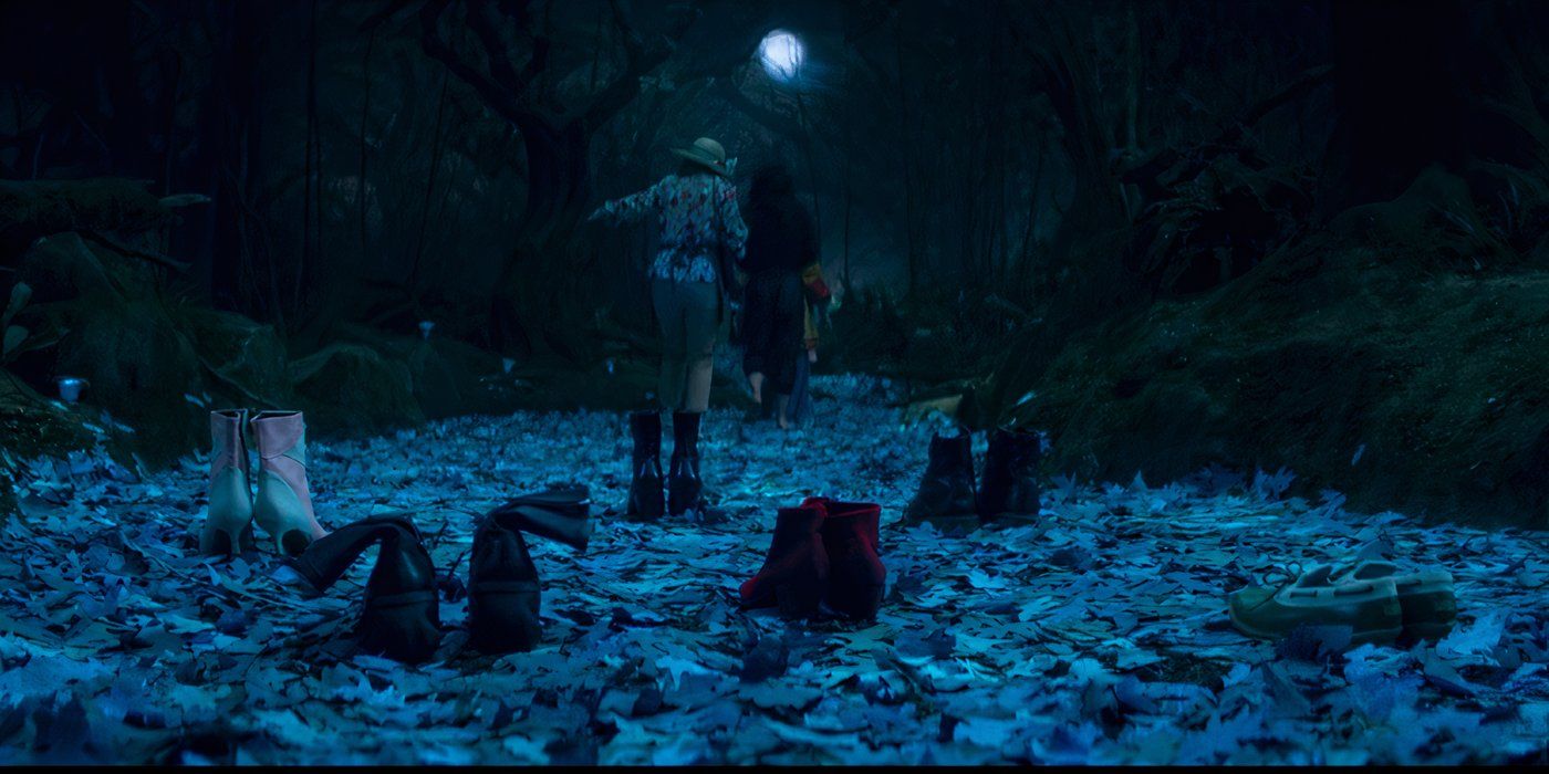 Agatha's coven walking the Witches' Road in Agatha All Along (2024) with their shoes left behind