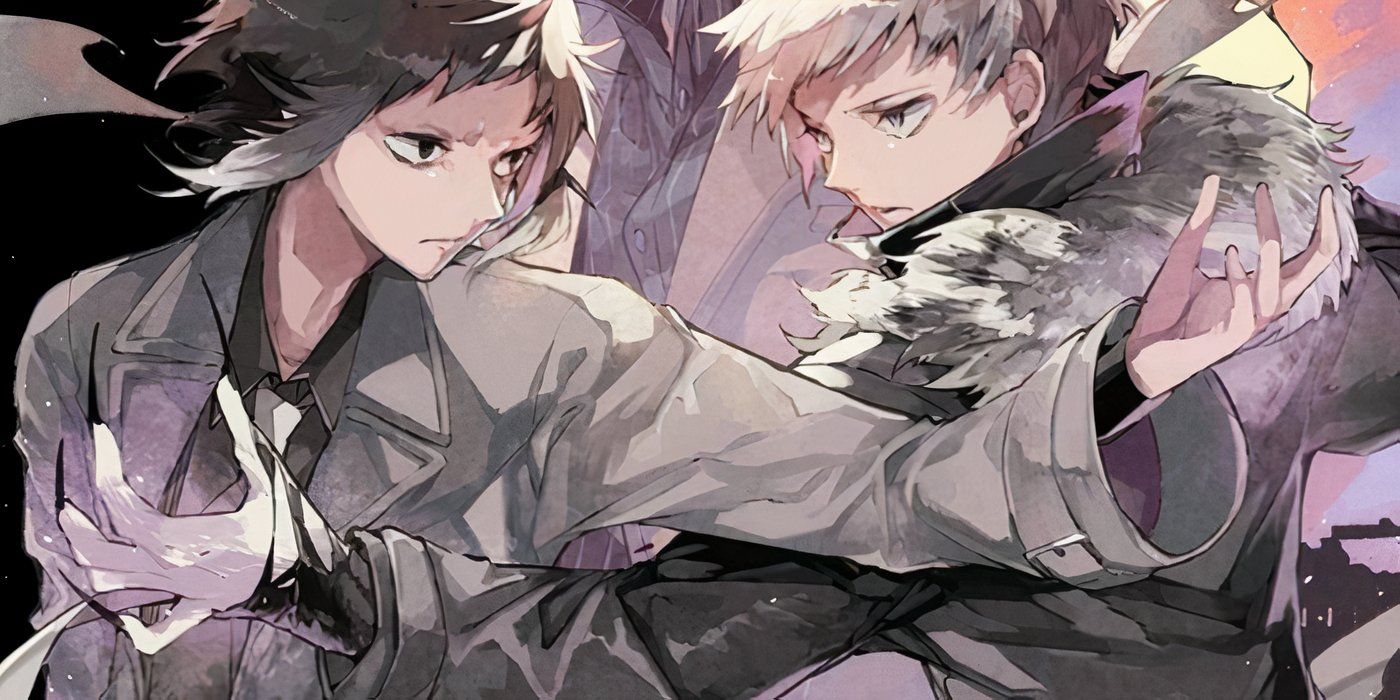 Akutagawa y Atsushi están uno frente al otro, con las manos juntas.