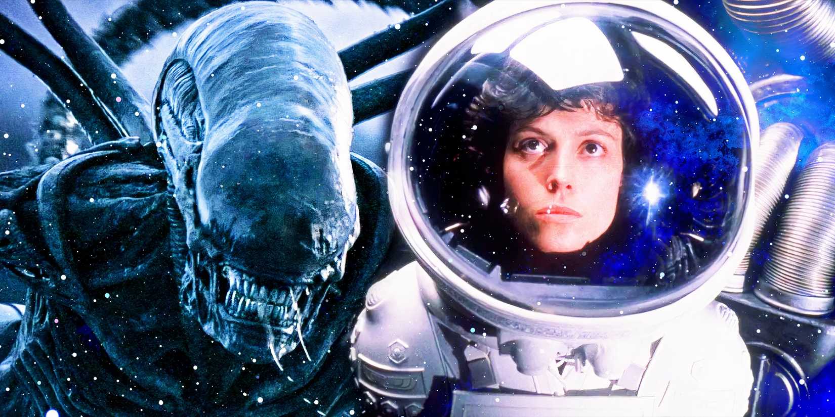 Ellen Ripley in a spacesuit next to a Xenomorph.
