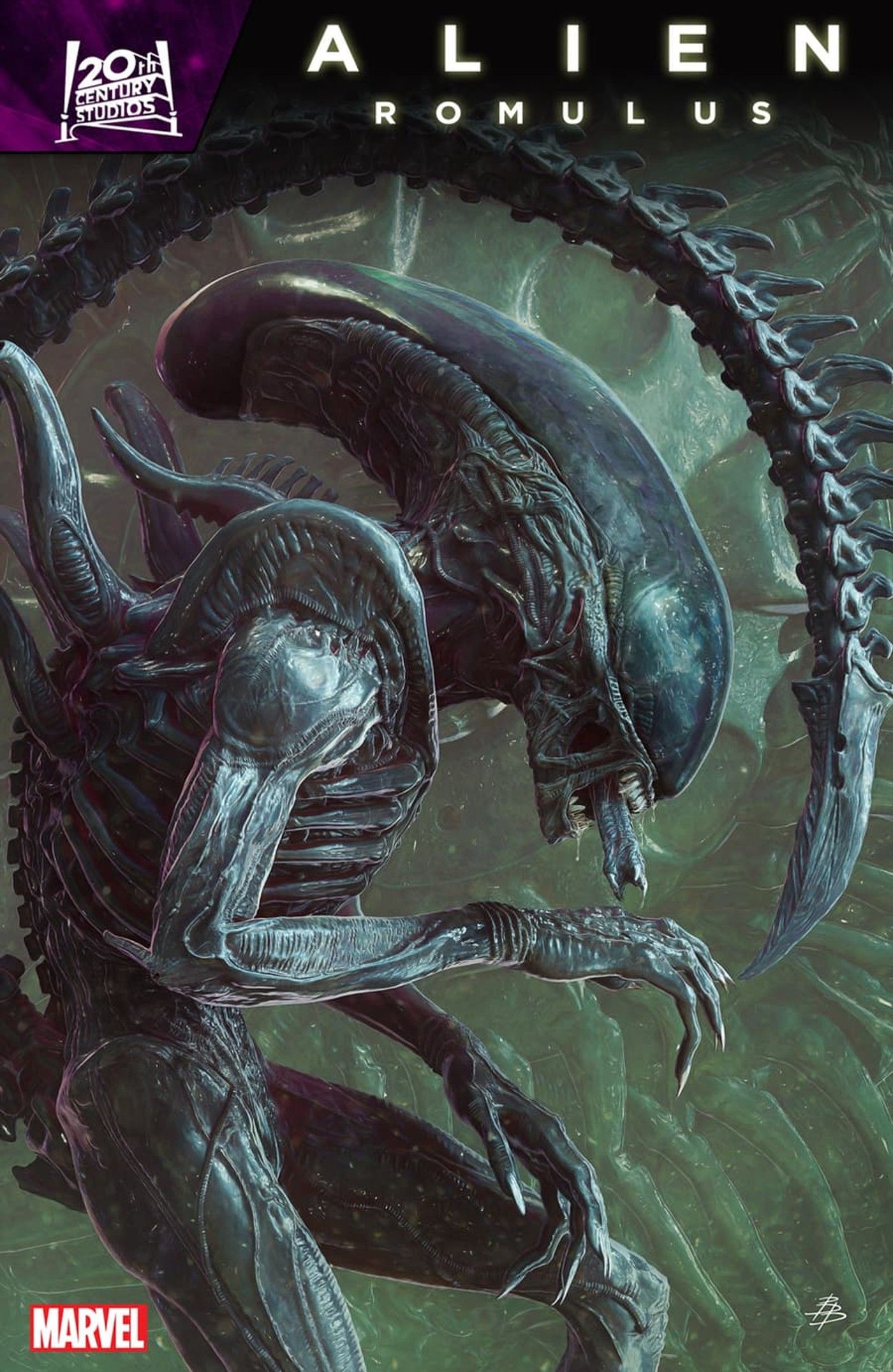 Um xenomorfo fica de pé, virado para baixo e para a direita, com a segunda boca saliente para fora e a cauda curvada para baixo, logo acima da cabeça.