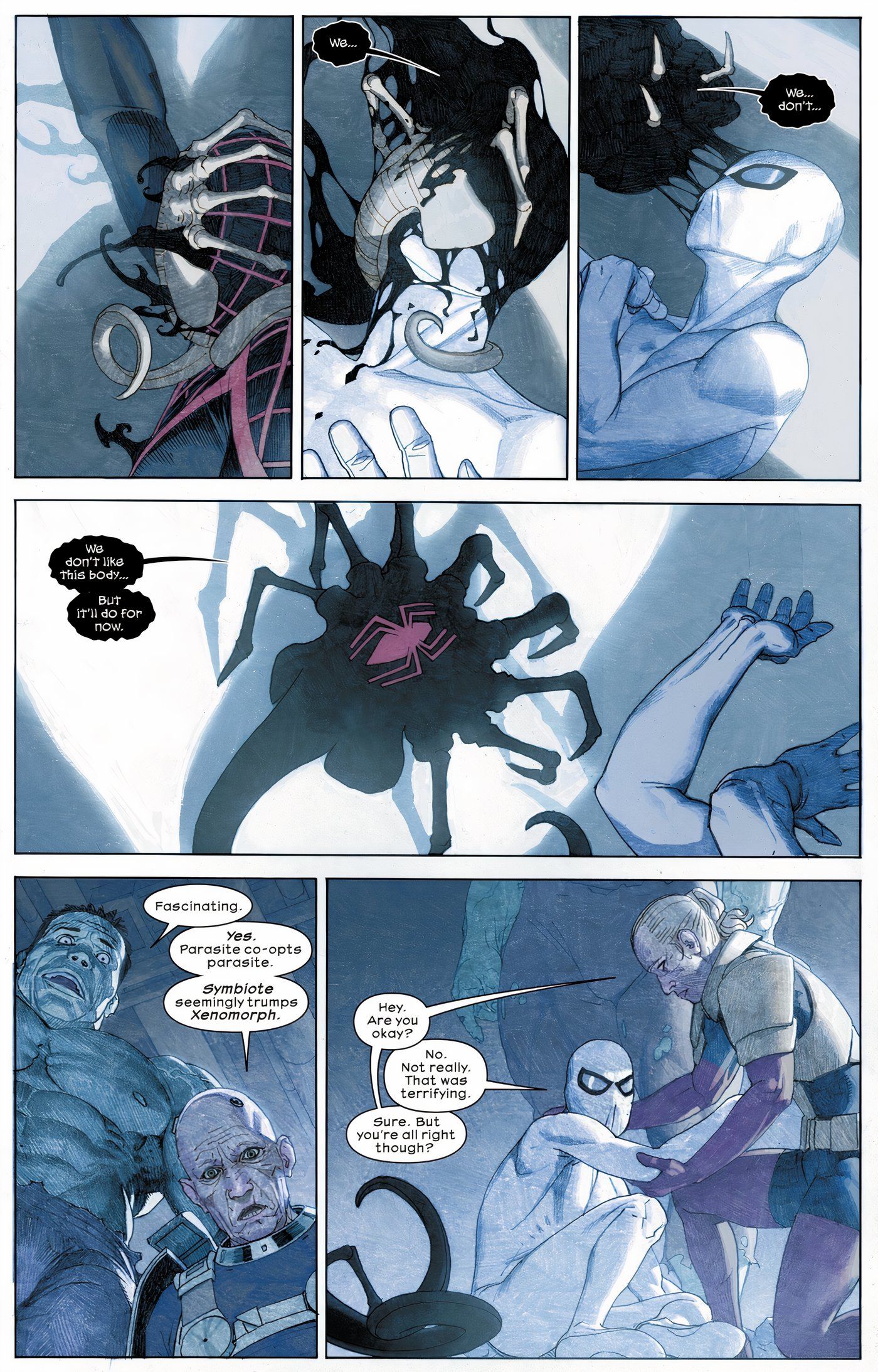 Un symbiote de Marvel Comics prenant un Alien Facehugger comme hôte.