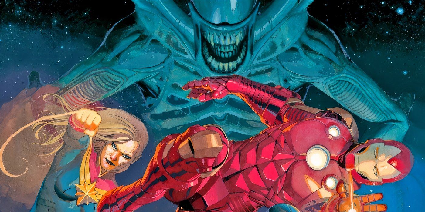 Alien&rsquo;s Xenomorph looming over Captain Marvel and Iron Man.