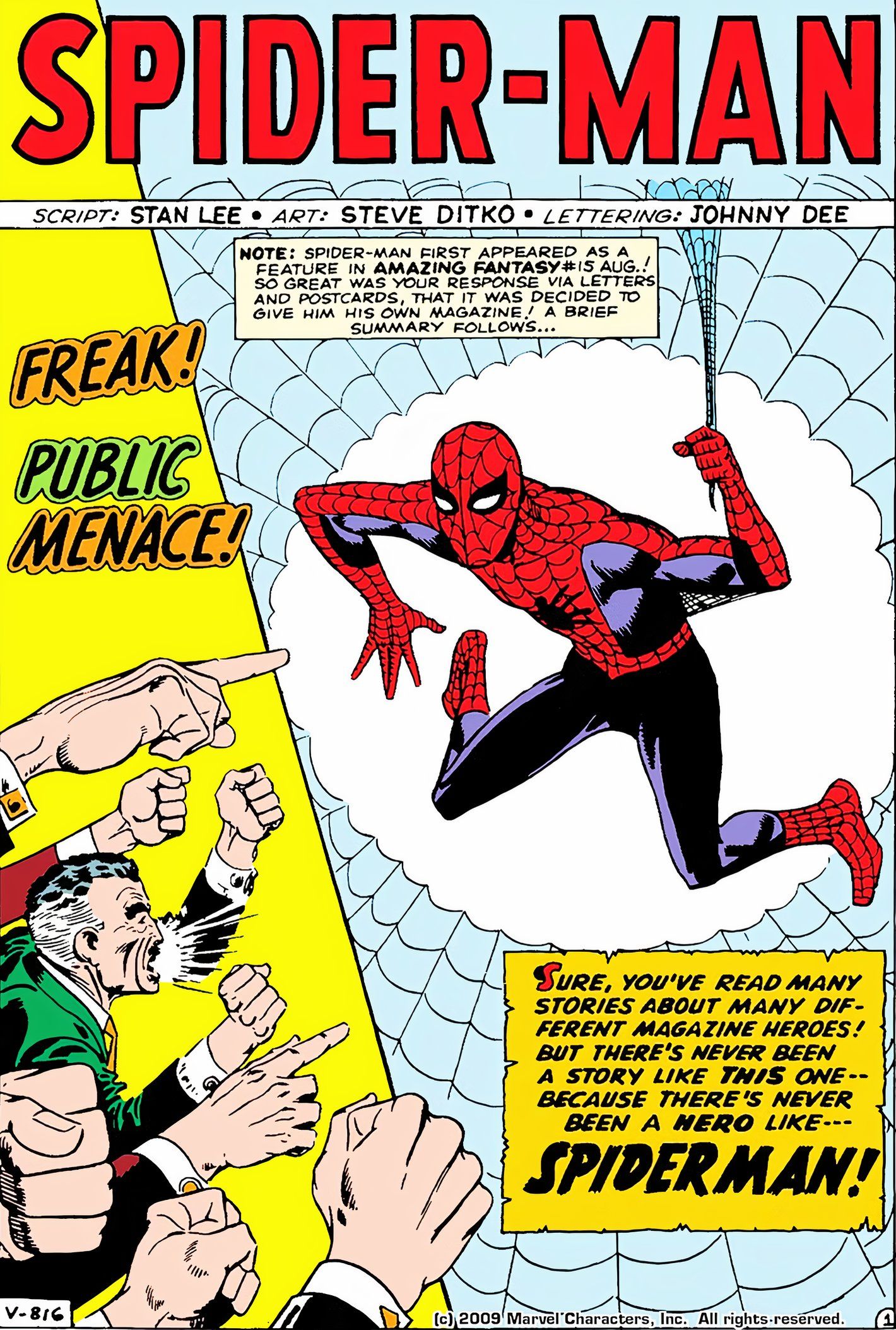 Première page de Amazing Spider-Man #1, une foule menée par J. Jonah Jameson qualifie Spidey de « monstre » et de « menace publique ».