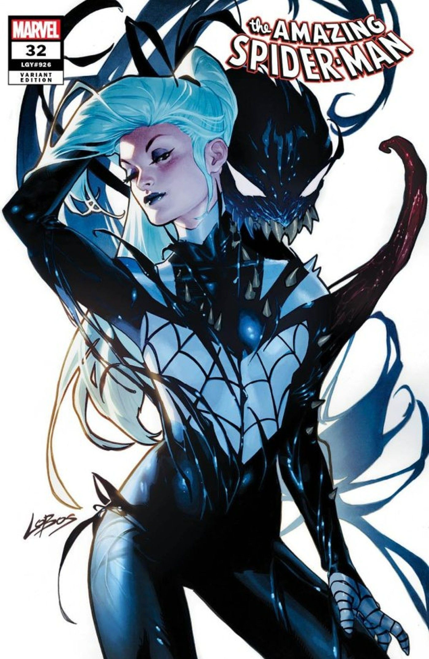 Black Cat stands fused with the Venom symbiote, revealing a black and white costume