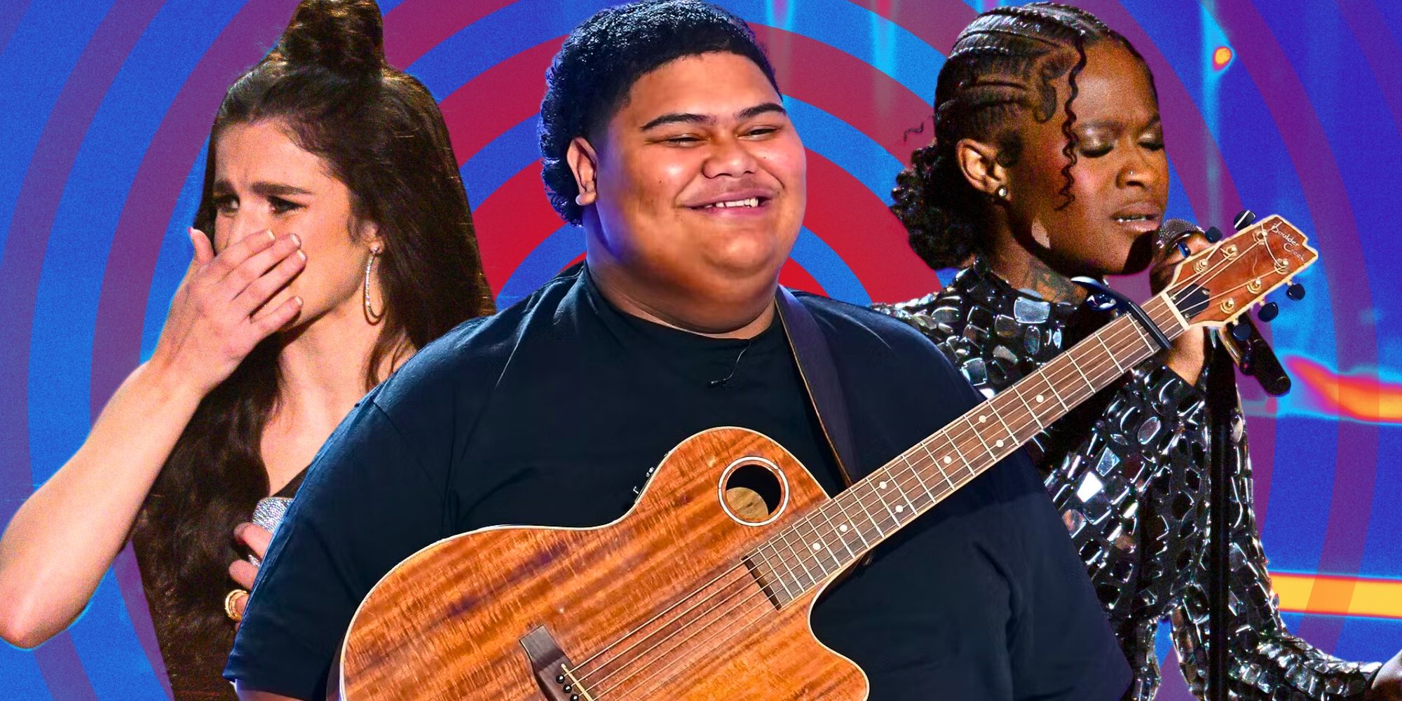 American Idol&rsquo;s Abi Carter getting emotional, Iam Tongi smiling with his guitar and Just Sam singing.