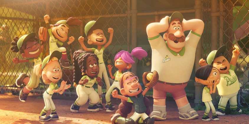 An early still of a baseball team celebrating from Pixar's Win or Lose TV series
