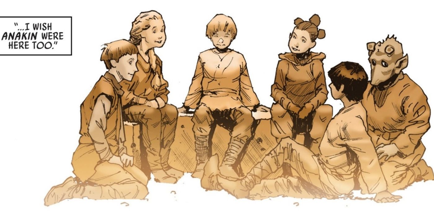 Anakin Skywalker enfant assis avec ses amis.