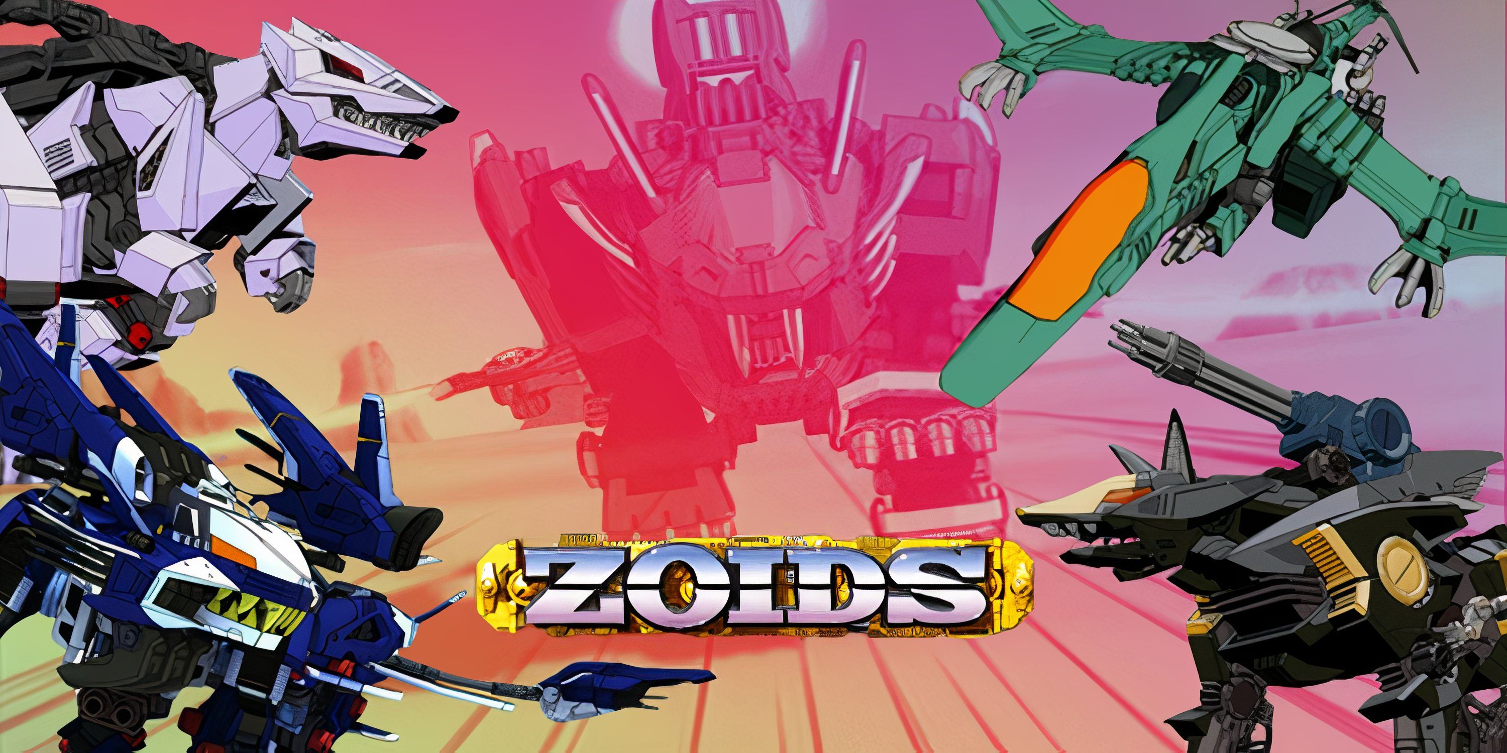 Bestas Mecânicas semelhantes a animais, conhecidas como Zoids, aparecem em um cenário colorido.