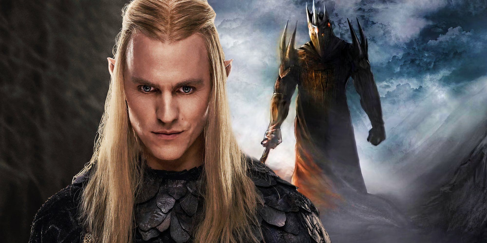 Annatar's character poster for The Rings of Power season 2 (2024) next to artwork of Morgoth