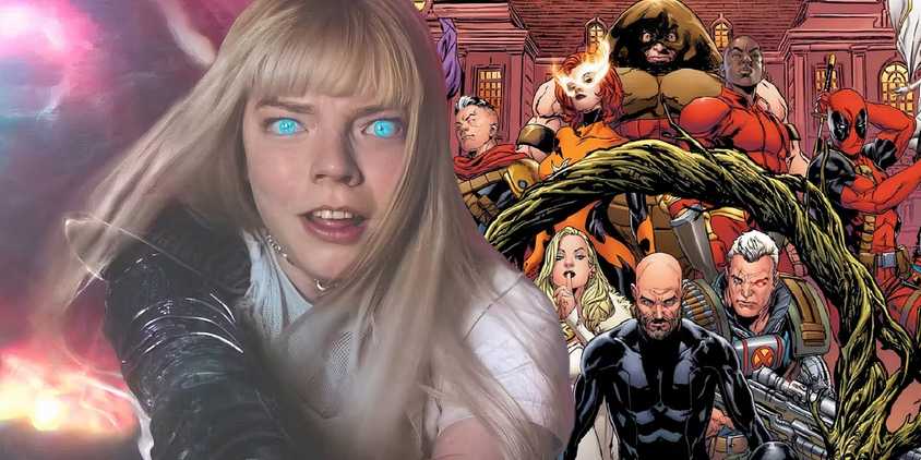 Anya Taylor Joy as Magik over an image of the X-Men in Marvel Comics