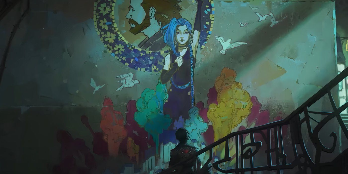 Vi olhando para o graffiti de Jinx e Vander em Zaun - Arcane temporada 2