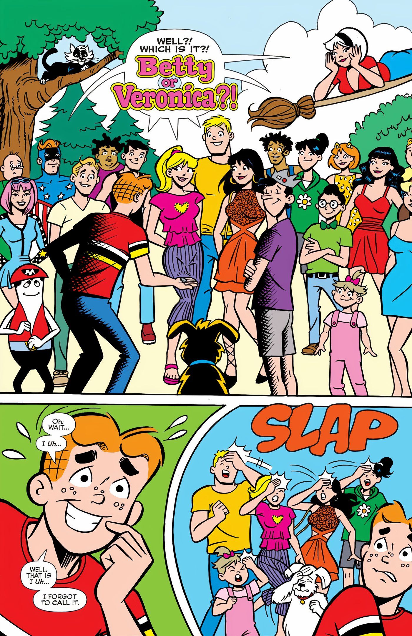 Os moradores de Riverdale chegam para ver o resultado do cara ou coroa de Archie para escolher entre Betty e Veronica, mas ele revela que esqueceu de ligar, o que significa que foi tudo em vão.