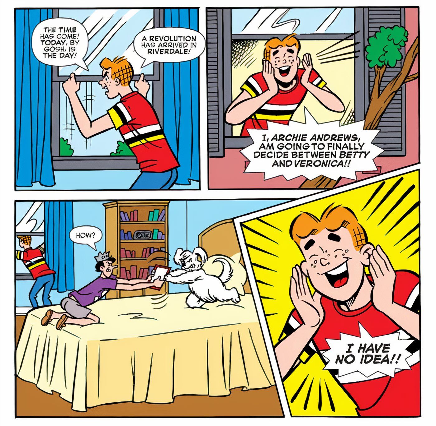 Archie Andrews declara que finalmente escolherá entre Betty e Veronica - mas quando Jughead pergunta como, ele diz que não tem ideia.