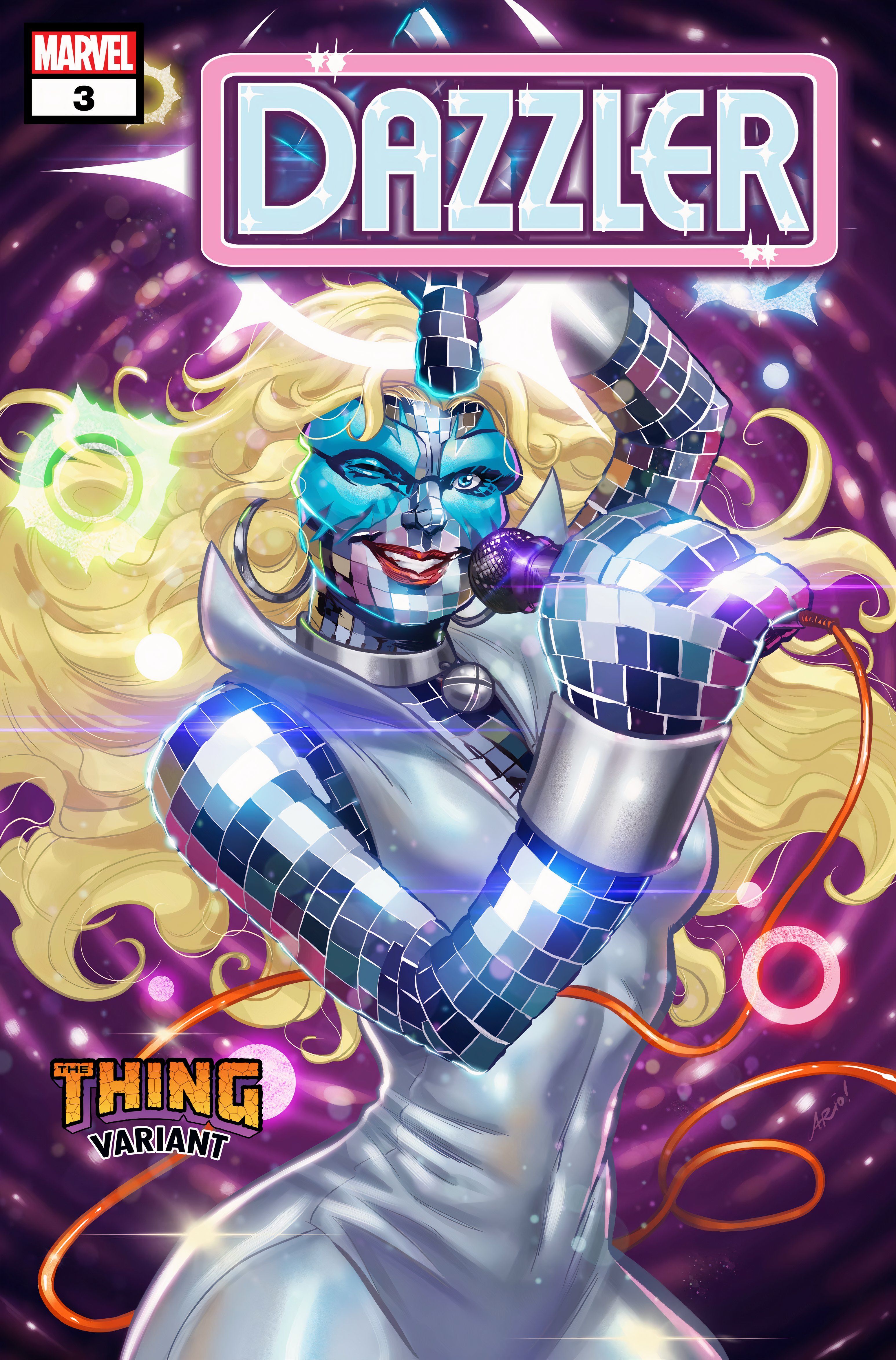 Comic book cover: Dazzler as the Thing with disco ball skin. 