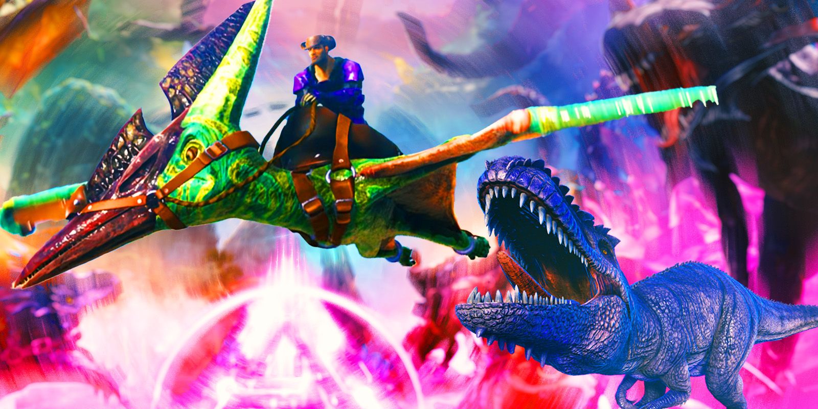 A player riding a Pteradon while running away from a Rex.