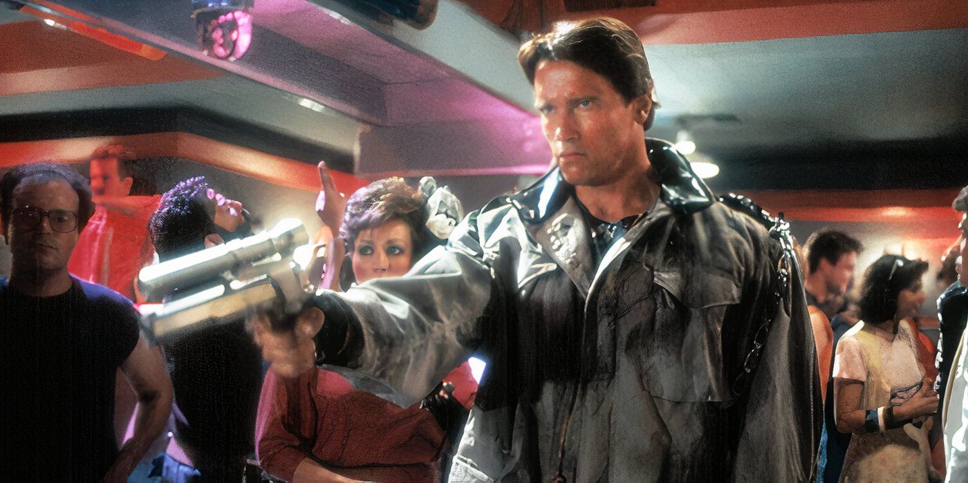 Arnold Schwarzenegger points a gun in the movie The Terminator. 