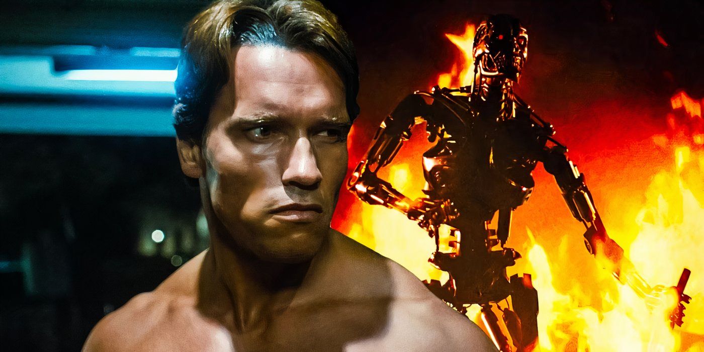 Arnold Schwarzenegger stands in front of the inner robotics to the T-800 he plays in The Terminator.