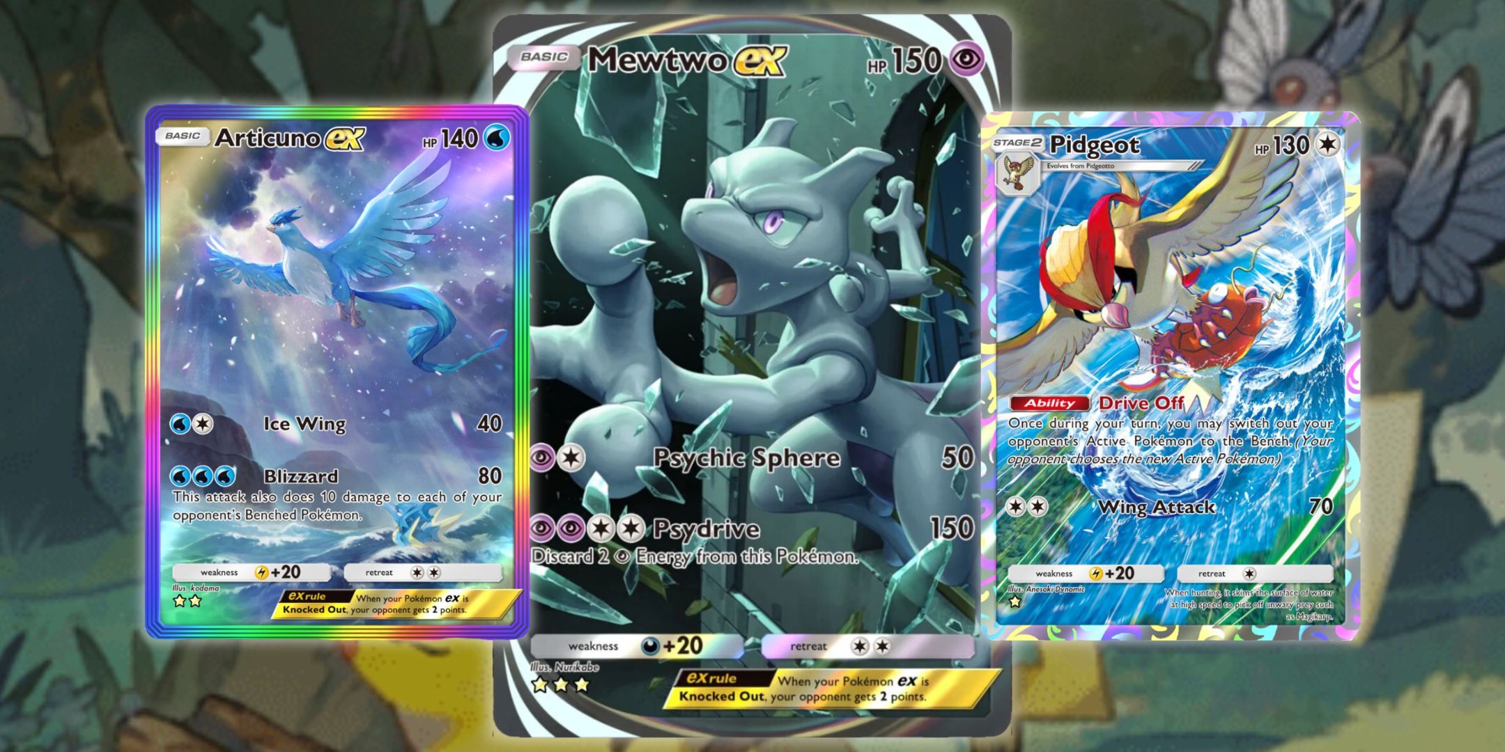 Tarjetas de bolsillo Articuno Mewtwo y Pidgeot Pokémon TCG