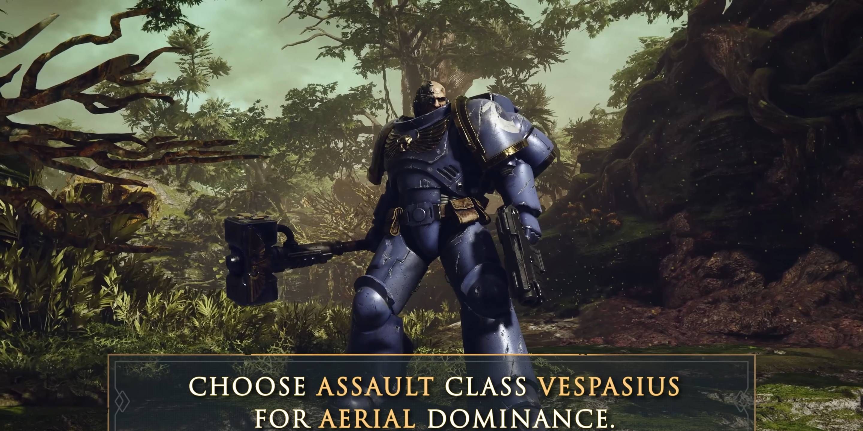 Soldado da classe Space Marine 2 Assault em pé em uma floresta.