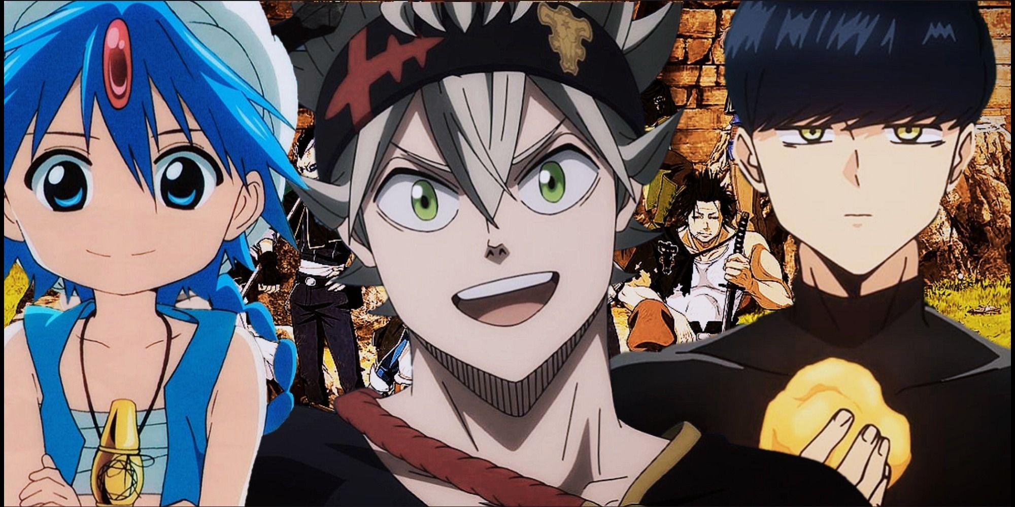 Asta, Aladdin e Mash na frente do fundo Black Clover