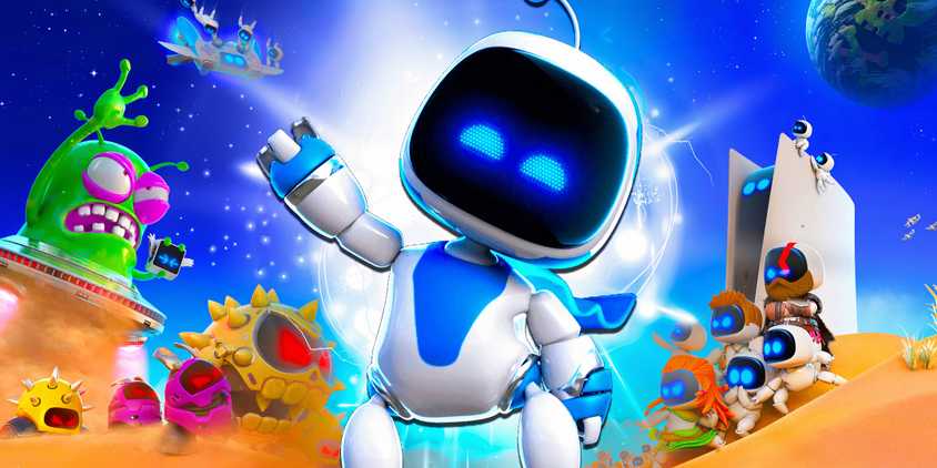 Astro Bot character standing triumphantly with a glowing light behind him along with other bots themed from PlayStation characters..