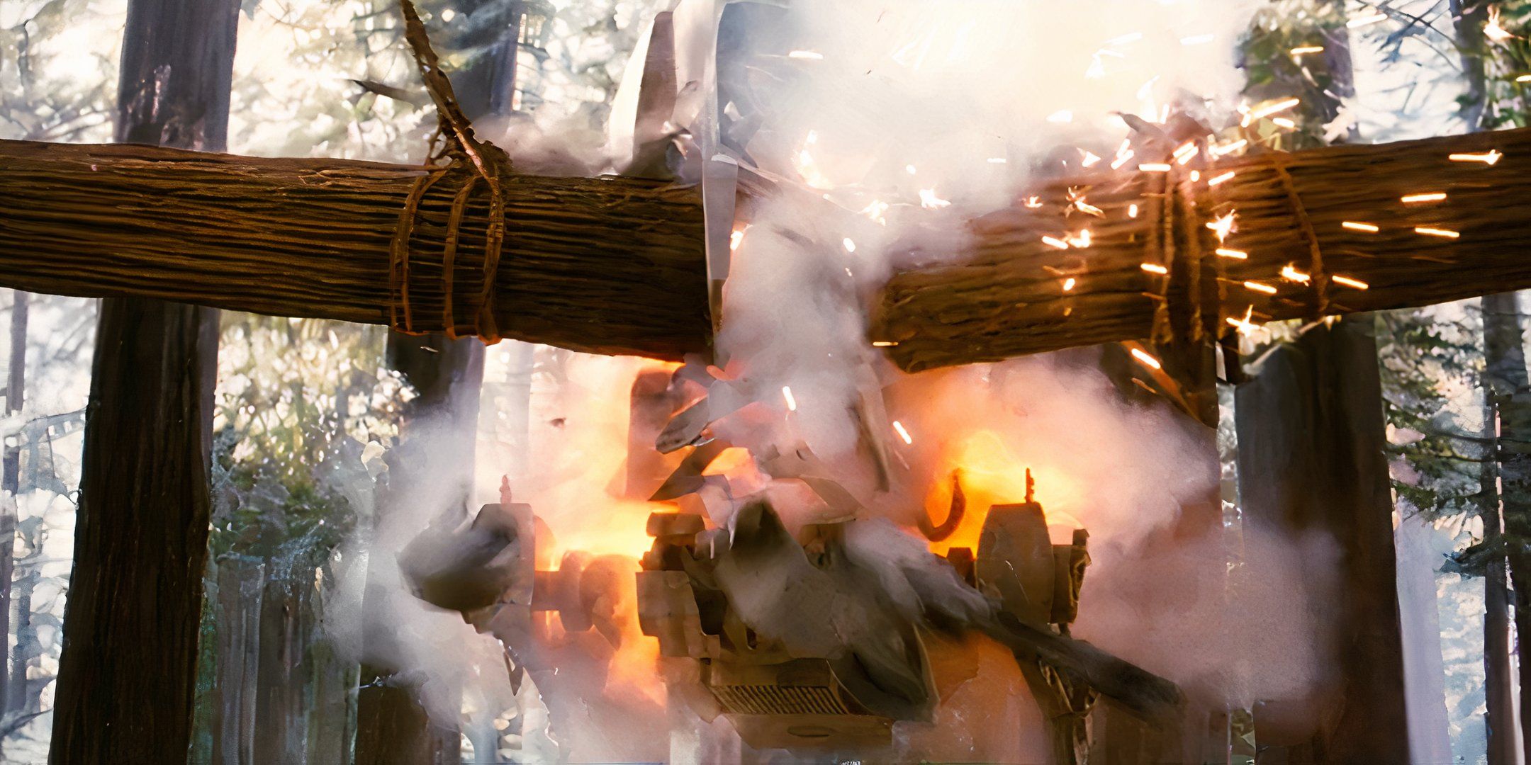 The Ewoks destroy an Imperial AT-ST with a trap made from two giant logs during the Battle of Endor in Star Wars: Episode VI - Return of the Jedi.