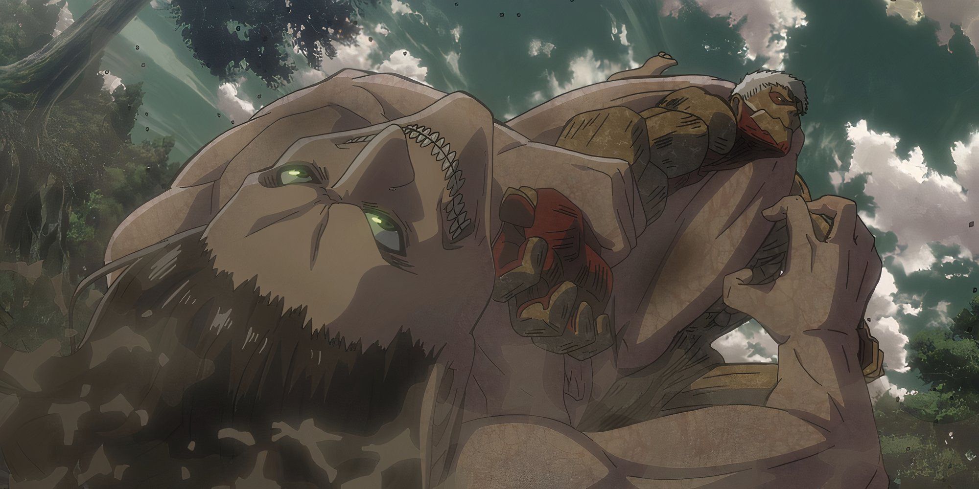 Attack on Titan Eren putting Reiner in an arm bar in their titan forms