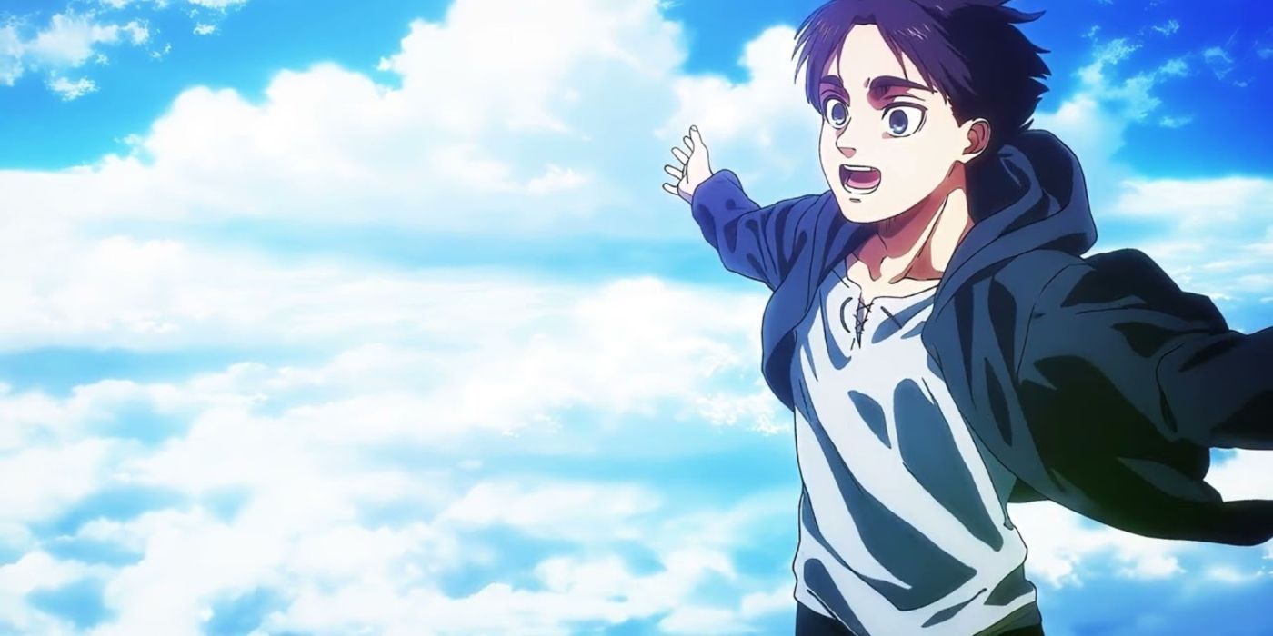 Attack on Titan - Young Eren with arms outstretched above the clouds 