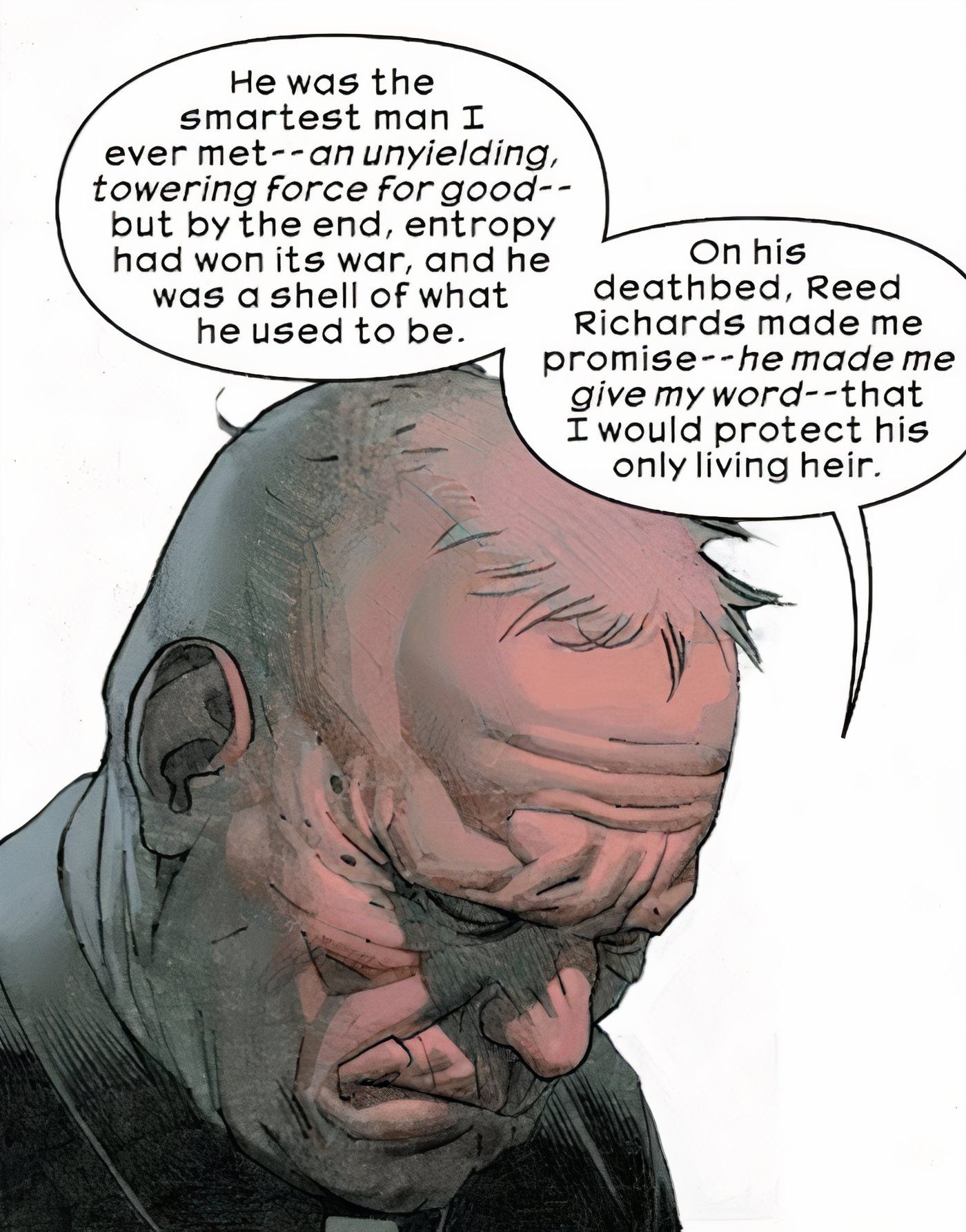 Bruce Banner revela que quando Reed Richards estava em seu leito de morte, ele fez Bruce prometer proteger sua filha Valeria.