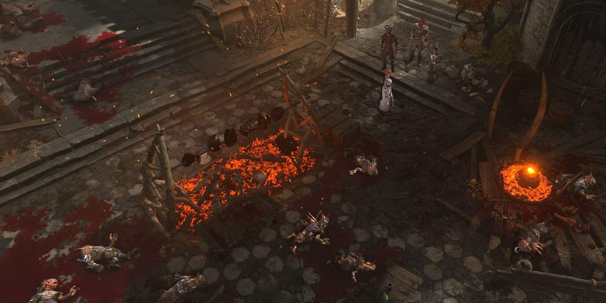 Jogador e grupo de Baldur's Gate 3 em pé ao lado de banheira de bebidas destruída após envenenar acampamento goblin