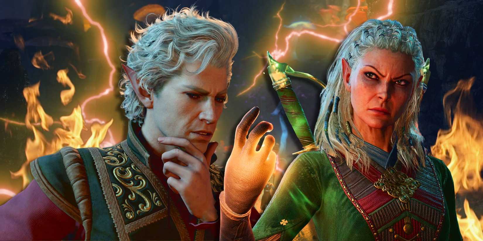Astarion from Baldur's Gate 3 looking puzzled on the left and Jaheira with a glowing hand on the right.