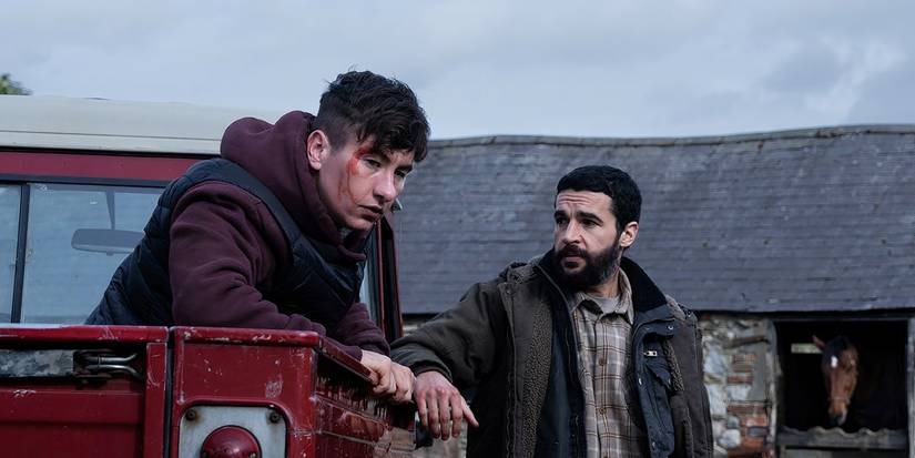 Barry Keoghan looks intense next to another man in Bring Them Down still