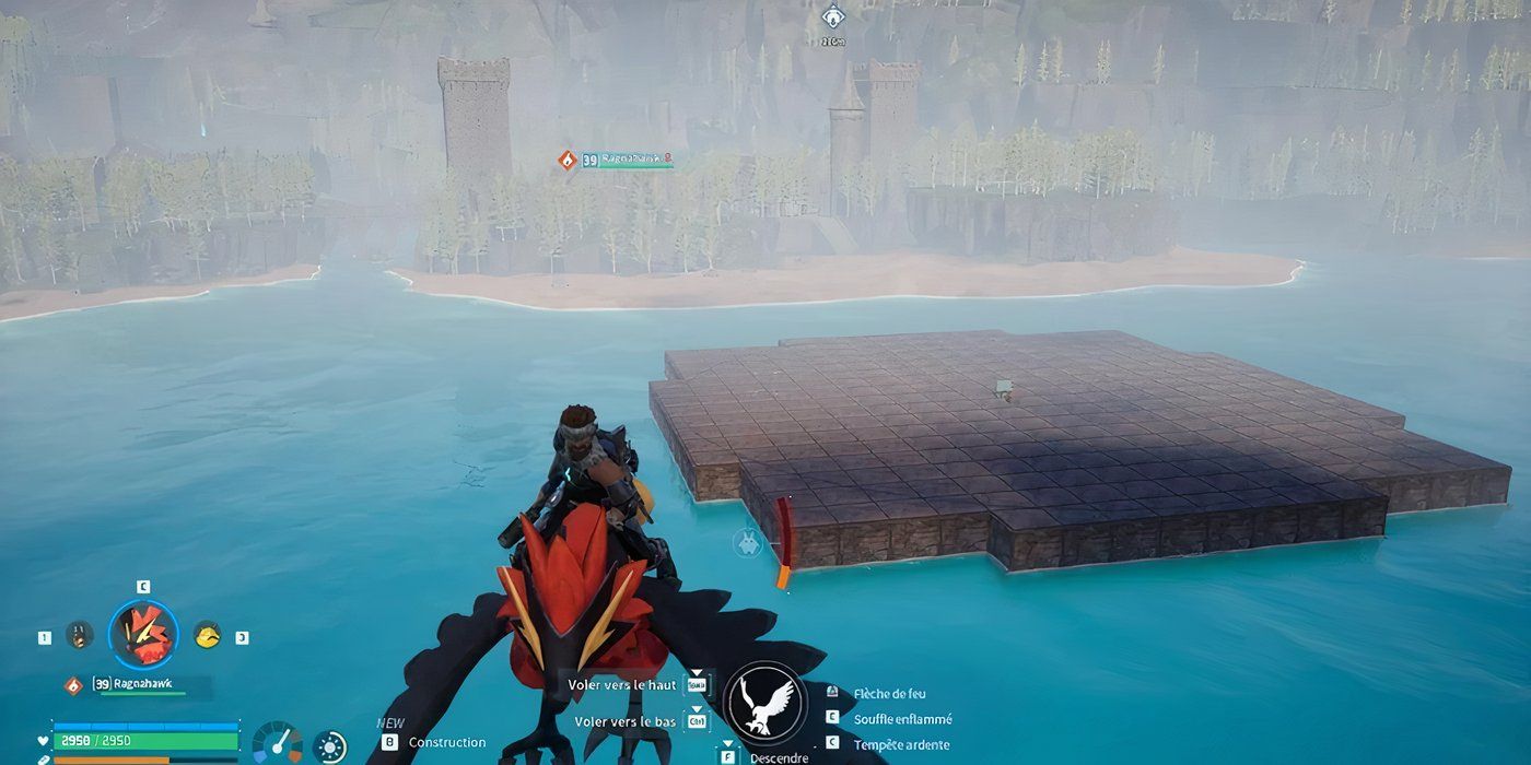 Player building the foundation of their base on water in Palworld