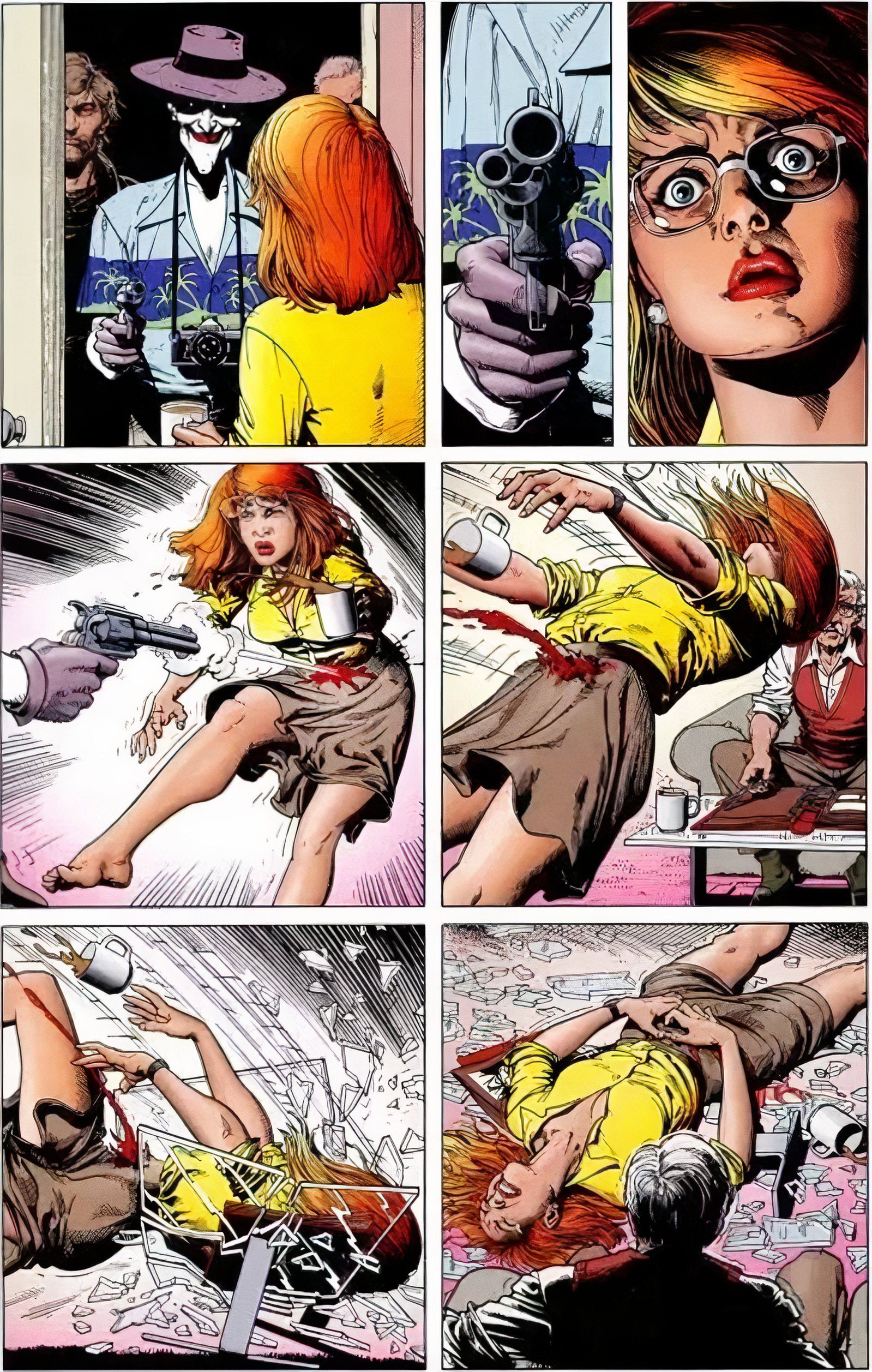 Batgirl Barbara Gordon levando um tiro na Piada Mortal do Coringa