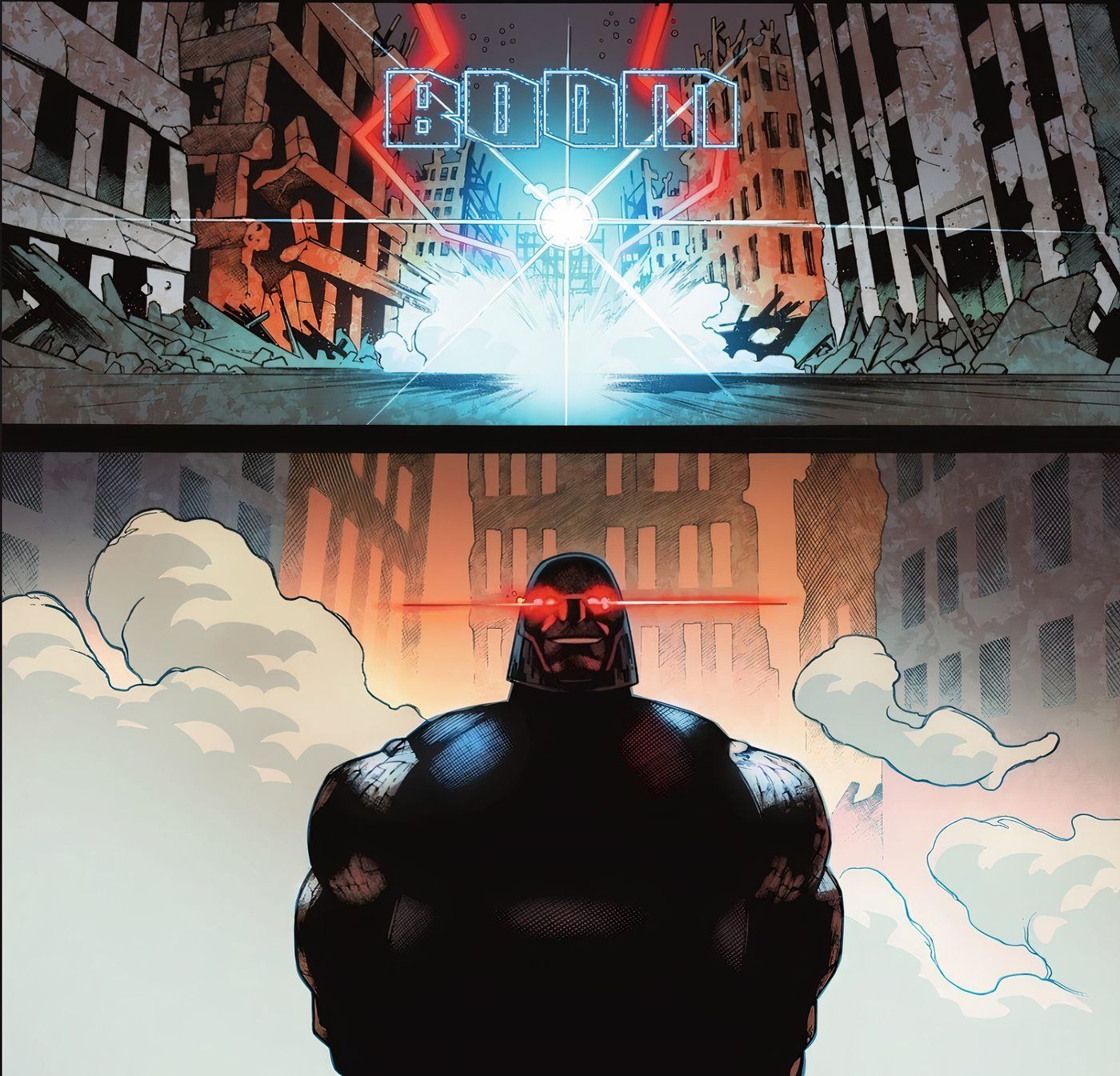 Painéis de quadrinhos: Darkseid aparece através de um Boom Tube no meio de uma cidade desolada.