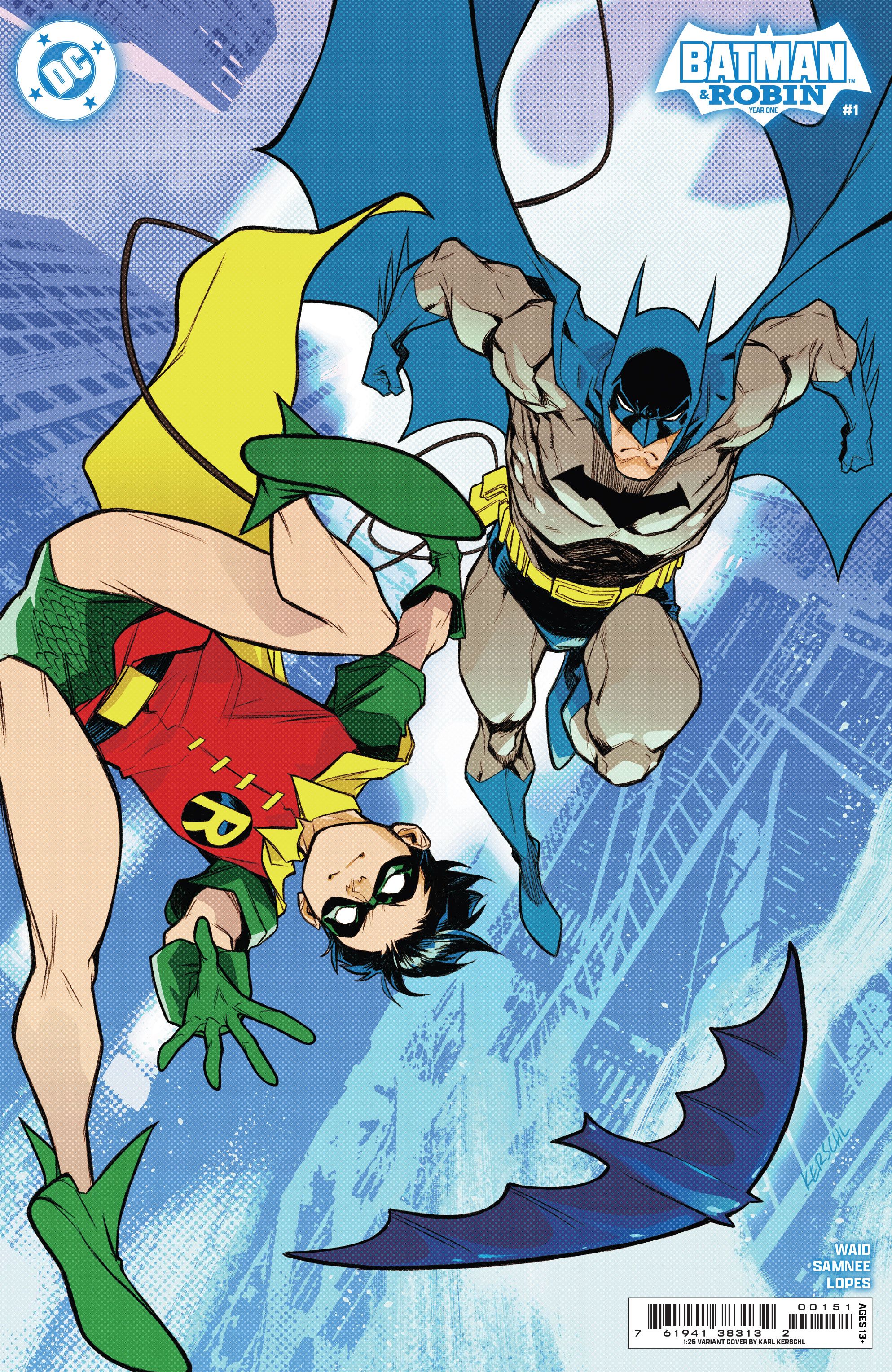 Capa de quadrinhos: Batman e Robin saltando por Gotham à noite.