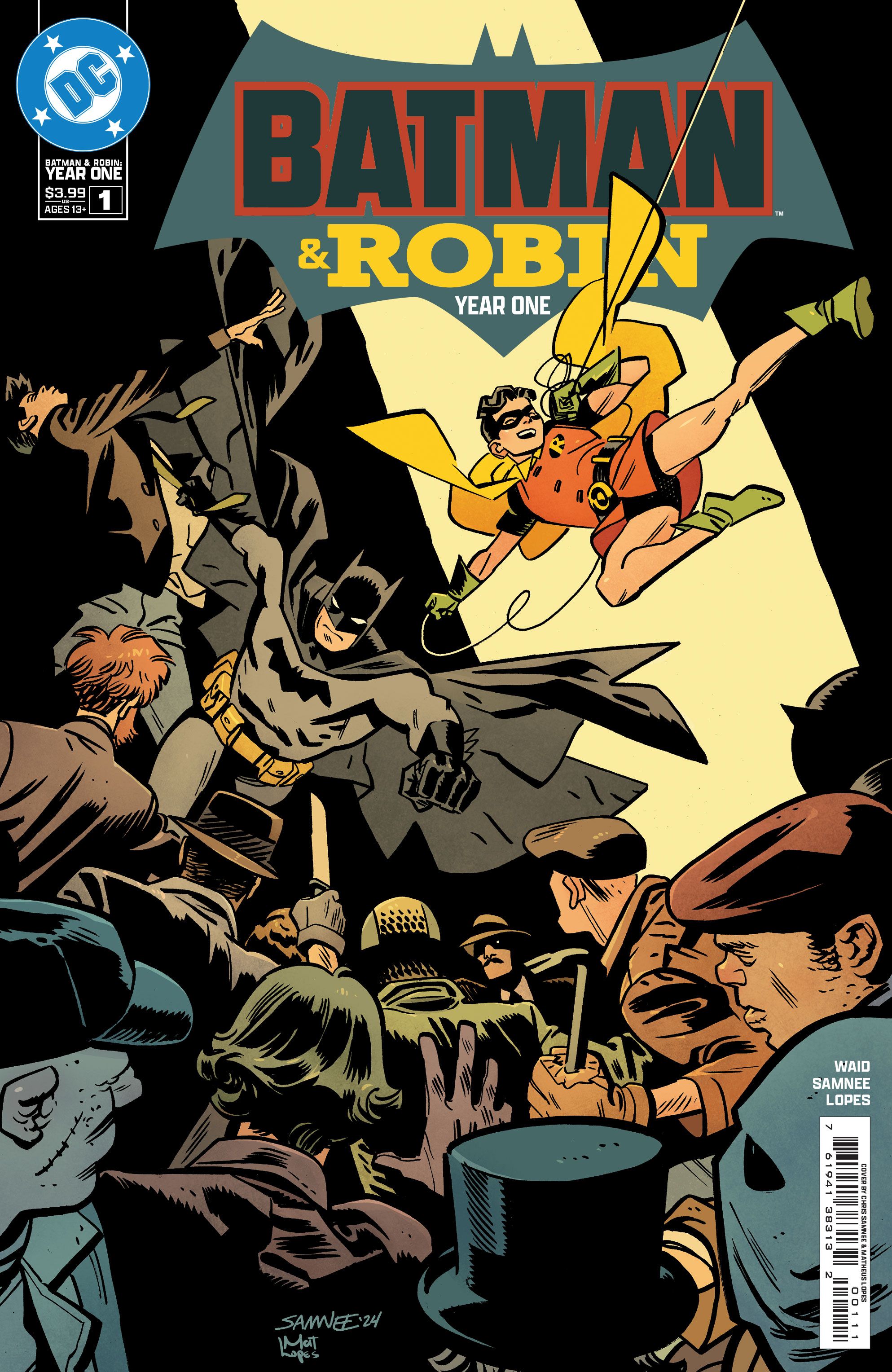 Capa de quadrinhos: Batman e Robin pulando e lutando contra capangas.