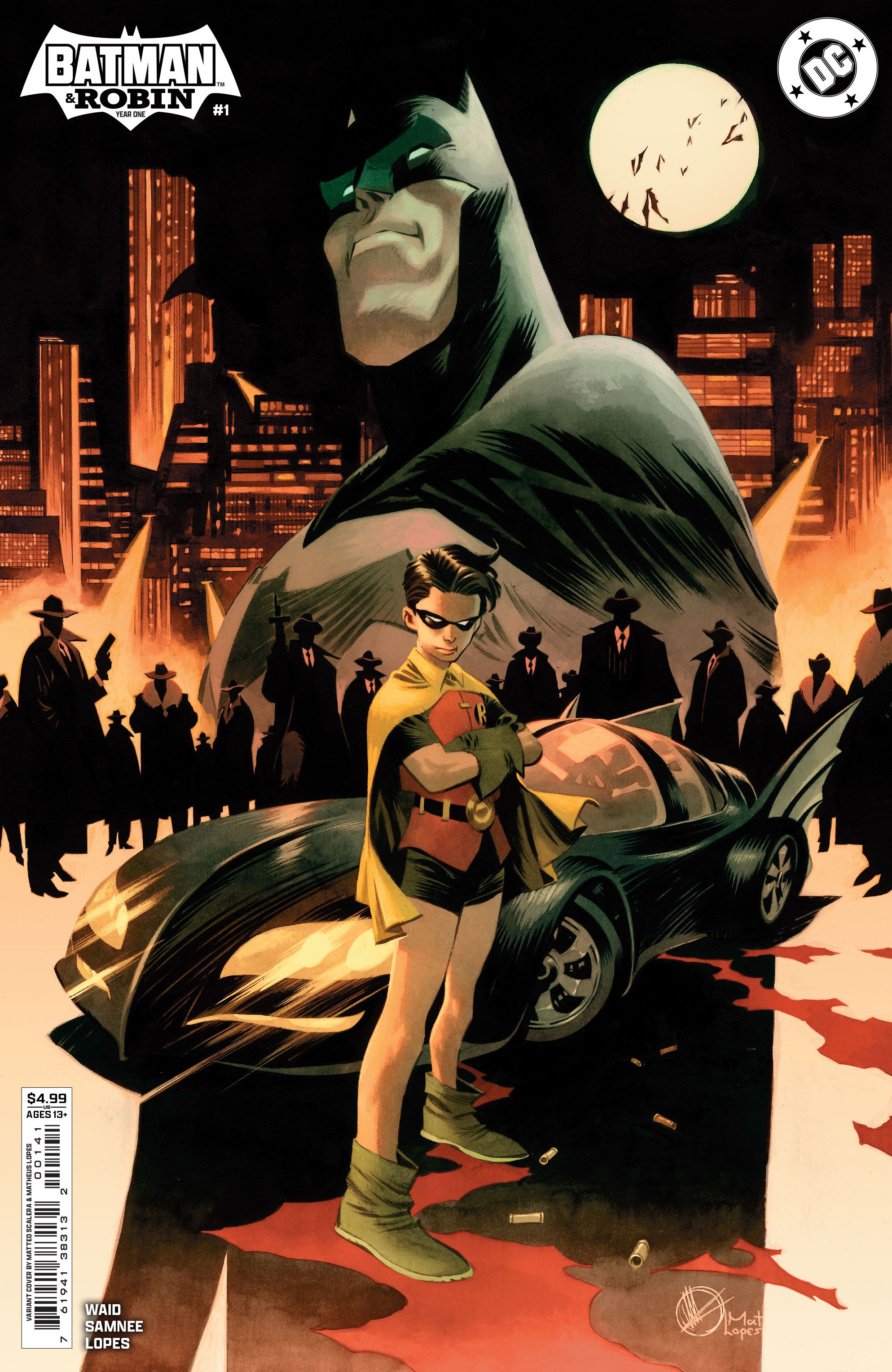 Capa de quadrinhos: Batman paira sobre Robin e o Batmóvel.